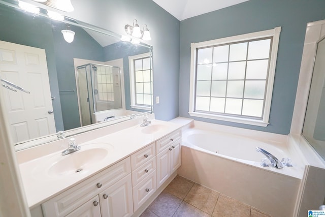 bathroom featuring vanity, tile patterned floors, and independent shower and bath