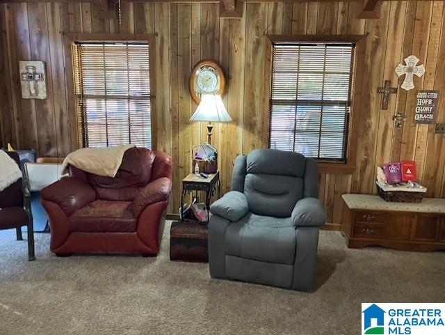 sitting room featuring wooden walls, carpet, and a healthy amount of sunlight