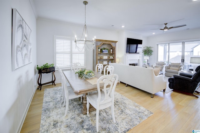 dining room with crown molding, light hardwood / wood-style floors, and ceiling fan with notable chandelier