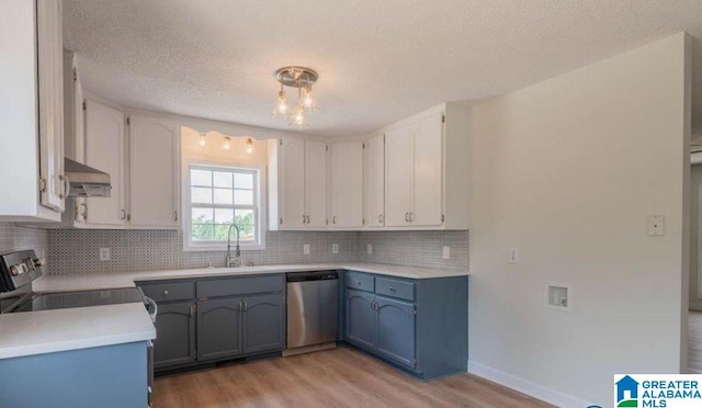 kitchen with dishwasher, range, sink, light hardwood / wood-style flooring, and white cabinetry