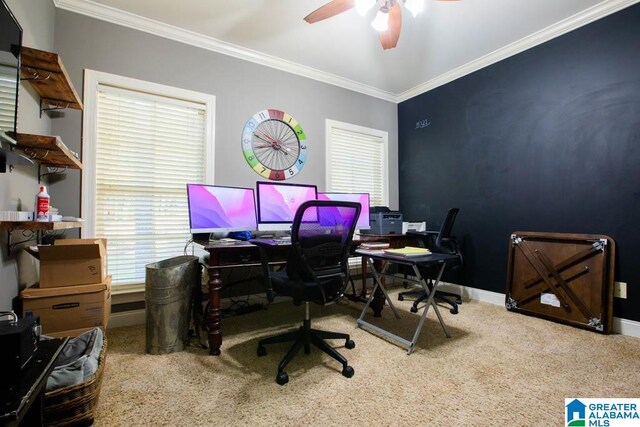 carpeted home office featuring plenty of natural light, ceiling fan, and ornamental molding