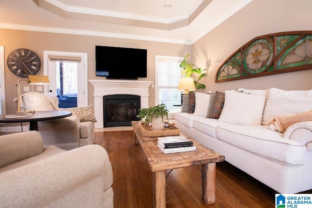 living room featuring dark hardwood / wood-style flooring, ornamental molding, and a wealth of natural light