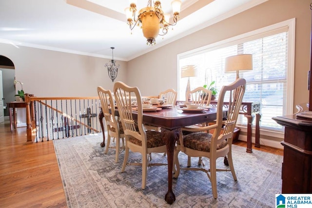 dining area featuring ornamental molding, hardwood / wood-style floors, a healthy amount of sunlight, and an inviting chandelier