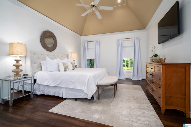 bedroom featuring ceiling fan, dark hardwood / wood-style flooring, and high vaulted ceiling