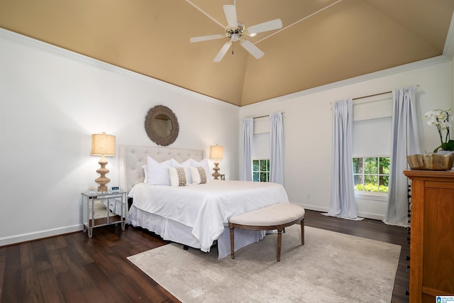 bedroom with ceiling fan, ornamental molding, dark wood-type flooring, and high vaulted ceiling