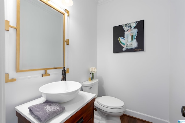 bathroom with vanity, toilet, and wood-type flooring