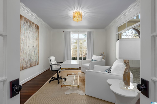 office area with dark hardwood / wood-style flooring and crown molding