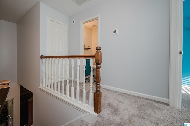 stairs featuring carpet flooring