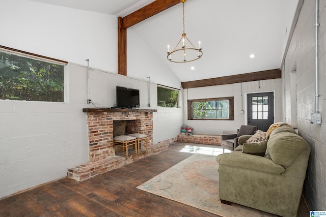 living room with beamed ceiling, high vaulted ceiling, dark hardwood / wood-style floors, a chandelier, and a fireplace