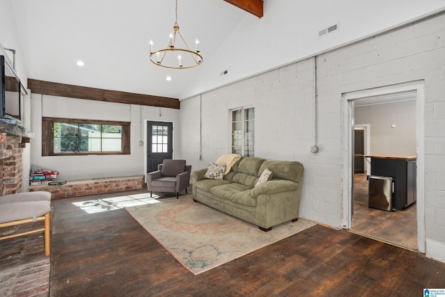 living room featuring beamed ceiling, a notable chandelier, hardwood / wood-style floors, and high vaulted ceiling