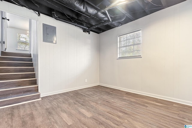 basement featuring electric panel, plenty of natural light, and wood-type flooring