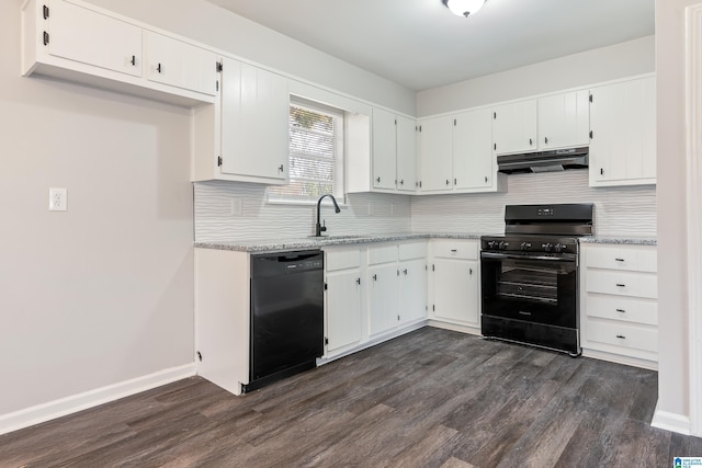 kitchen featuring white cabinetry, sink, dark wood-type flooring, backsplash, and black appliances