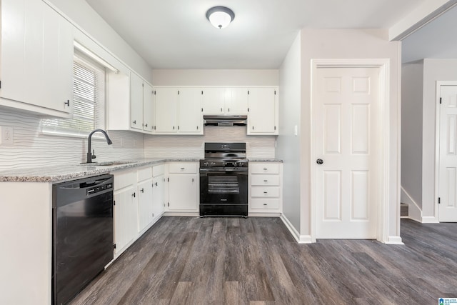 kitchen with decorative backsplash, dark wood-type flooring, sink, black appliances, and white cabinetry