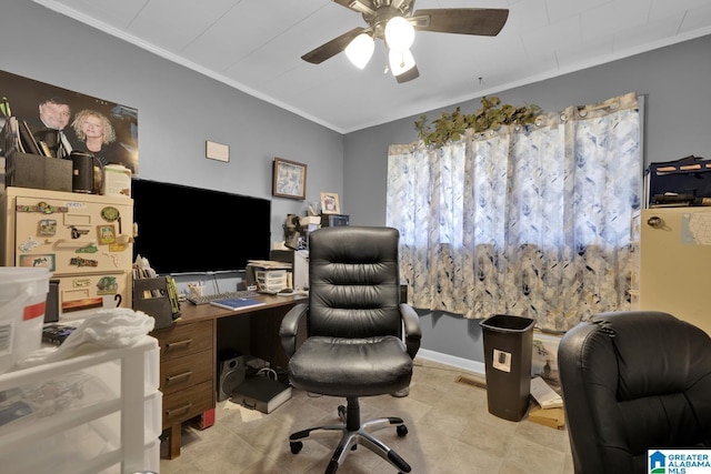 office area featuring crown molding and ceiling fan