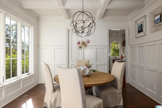 dining area featuring coffered ceiling, crown molding, beamed ceiling, dark hardwood / wood-style flooring, and a chandelier