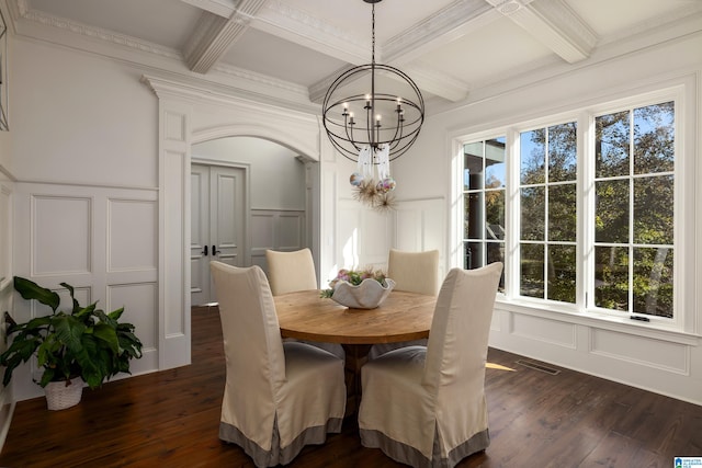 dining space featuring beamed ceiling, an inviting chandelier, dark wood-type flooring, and coffered ceiling