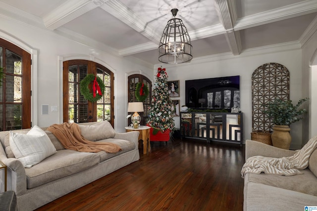 living room with dark hardwood / wood-style flooring, beamed ceiling, coffered ceiling, and an inviting chandelier