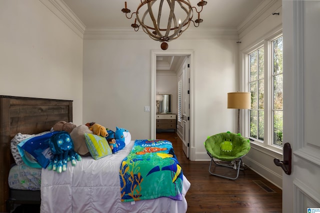 bedroom featuring multiple windows, crown molding, dark hardwood / wood-style floors, and a notable chandelier