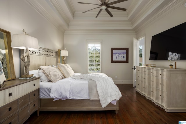 bedroom featuring ceiling fan, crown molding, and dark wood-type flooring