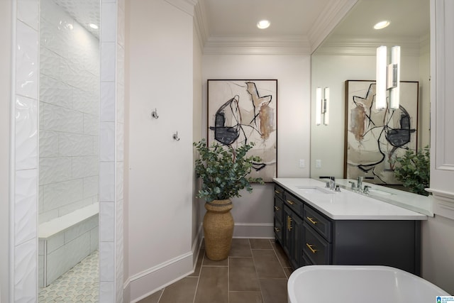 bathroom featuring tile patterned floors, vanity, ornamental molding, and plus walk in shower