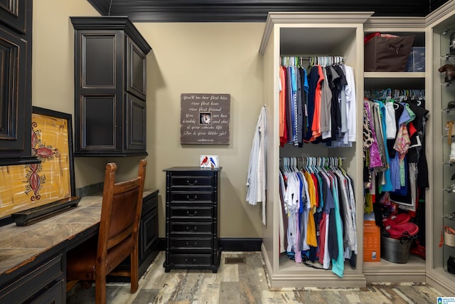 walk in closet with light wood-type flooring