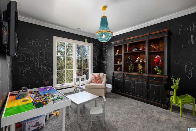 playroom with carpet and crown molding