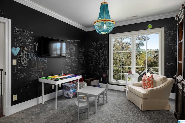 playroom with crown molding and carpet floors