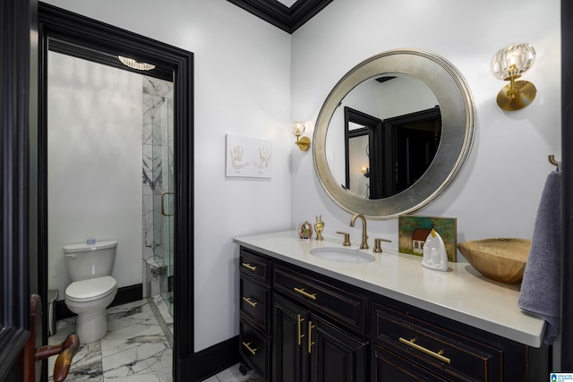 bathroom with vanity, toilet, an enclosed shower, and crown molding