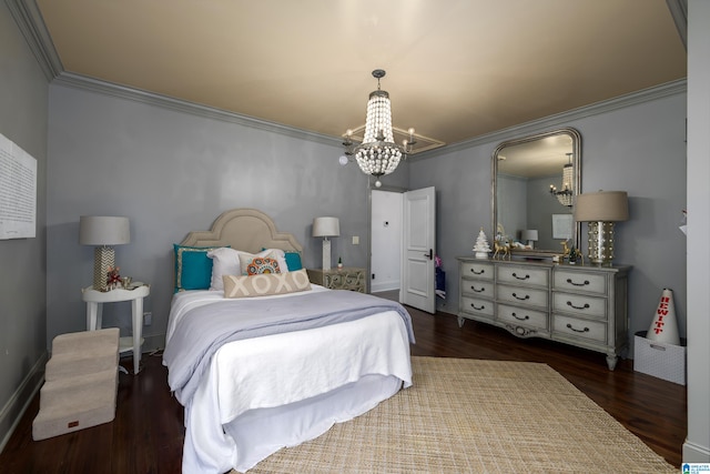 bedroom with dark hardwood / wood-style flooring and crown molding