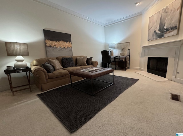 carpeted living room with crown molding