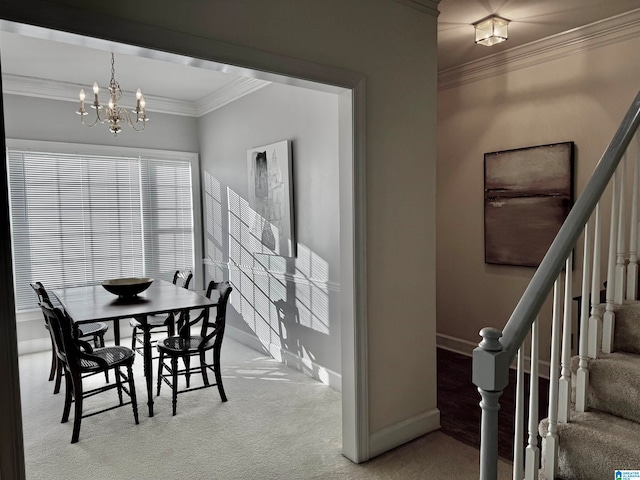 dining space featuring ornamental molding, light colored carpet, and a notable chandelier