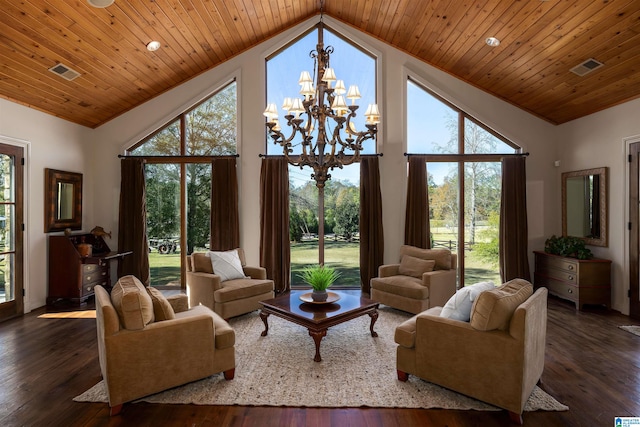 living room featuring plenty of natural light, wooden ceiling, and dark wood-type flooring