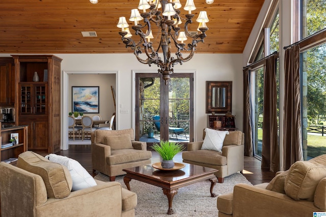 living room with wood ceiling, a wealth of natural light, wood-type flooring, and lofted ceiling