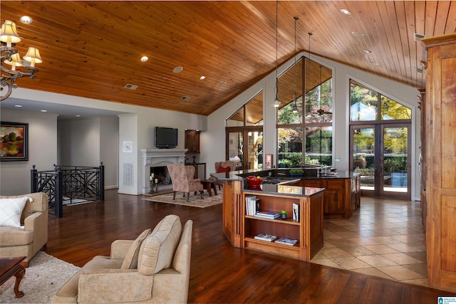 living room with french doors, high vaulted ceiling, wood ceiling, and hardwood / wood-style flooring