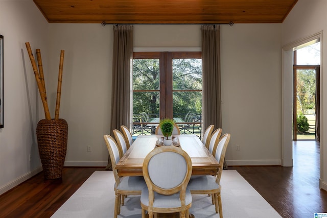 dining area featuring a wealth of natural light, dark wood-type flooring, and wood ceiling