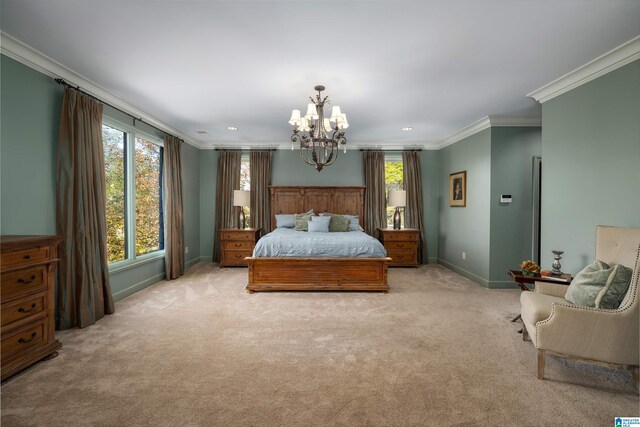 carpeted bedroom with crown molding and an inviting chandelier