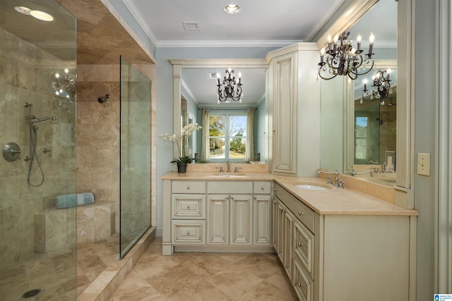 bathroom with a notable chandelier, a tile shower, and crown molding