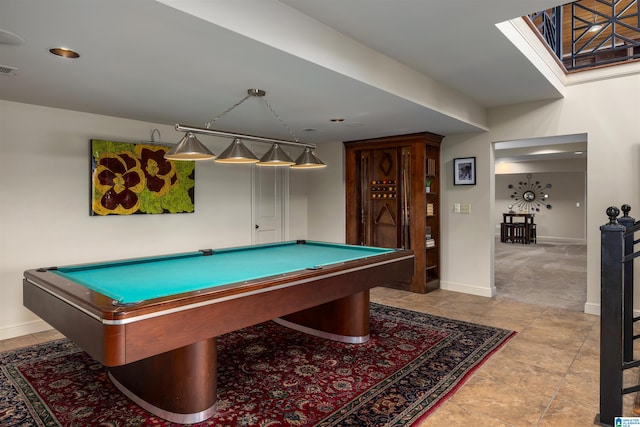 rec room with light colored carpet and pool table