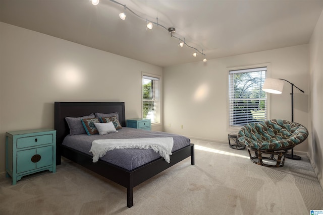 carpeted bedroom with track lighting and multiple windows