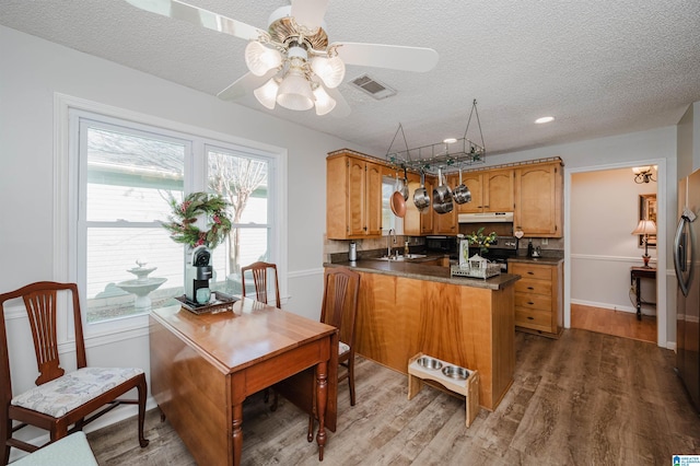 kitchen featuring kitchen peninsula, tasteful backsplash, ceiling fan, sink, and hardwood / wood-style flooring