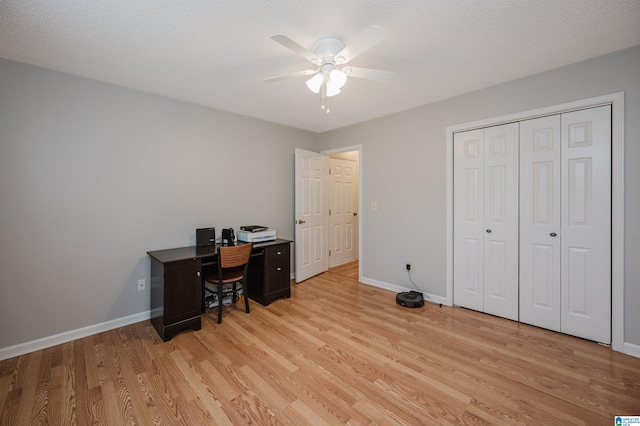 office area with ceiling fan, light hardwood / wood-style floors, and a textured ceiling