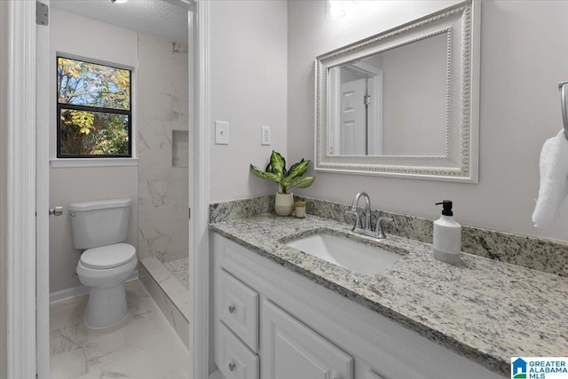 bathroom with vanity, toilet, and tiled shower