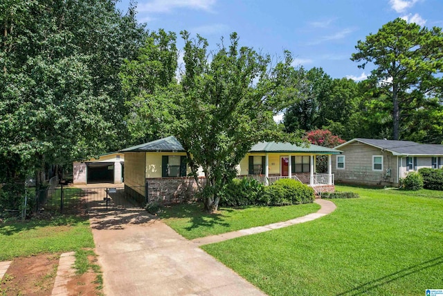 single story home with a front lawn, a porch, and a carport