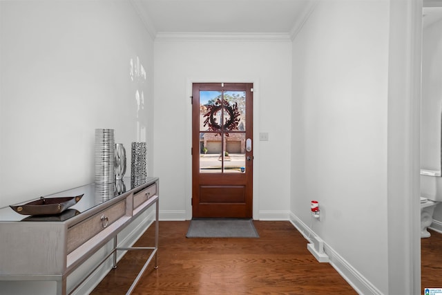 entrance foyer featuring crown molding and dark wood-type flooring