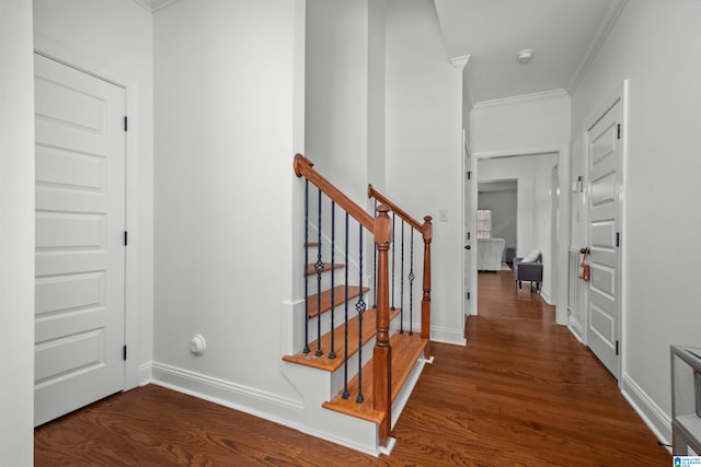 staircase with hardwood / wood-style flooring and ornamental molding