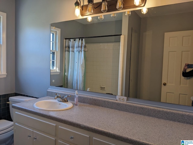 bathroom featuring vanity, toilet, and walk in shower