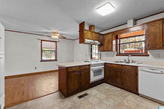 kitchen with kitchen peninsula, sink, a healthy amount of sunlight, and white appliances