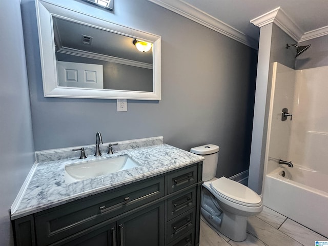 full bathroom featuring toilet, shower / washtub combination, vanity, and ornamental molding