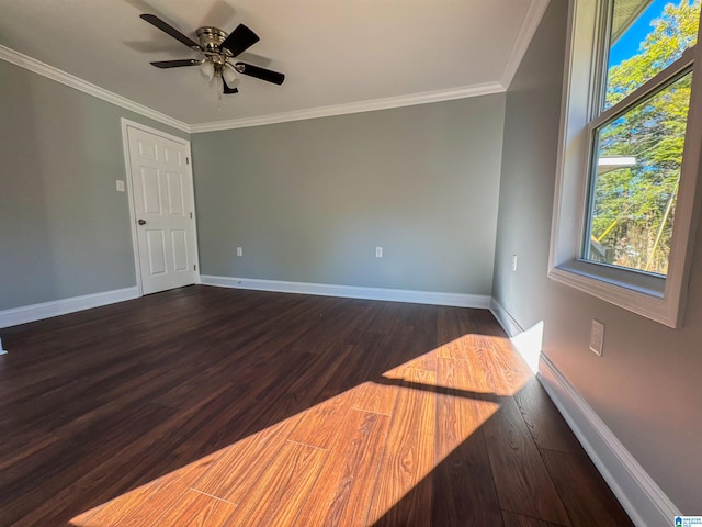 empty room featuring ceiling fan, dark hardwood / wood-style flooring, and crown molding