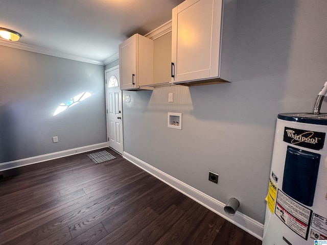 laundry area with washer hookup, cabinets, electric water heater, dark hardwood / wood-style floors, and ornamental molding